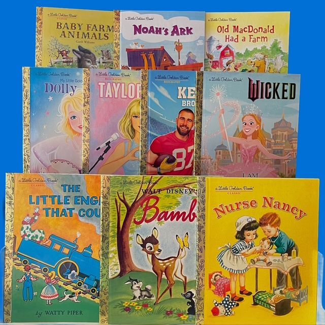 A collection of eleven Little Golden Books featuring varied titles, arranged in three rows against a blue background.