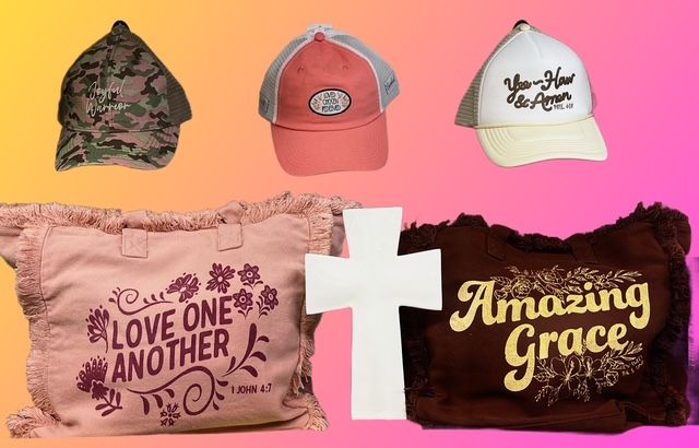 Three hats, two tote bags with text, and a white cross arranged on a pink and yellow background.