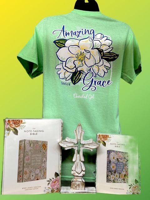 A light green t-shirt with a floral 