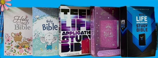 Five Bibles of various designs, including illustrated children's editions and study Bibles, lined up on a blue background.