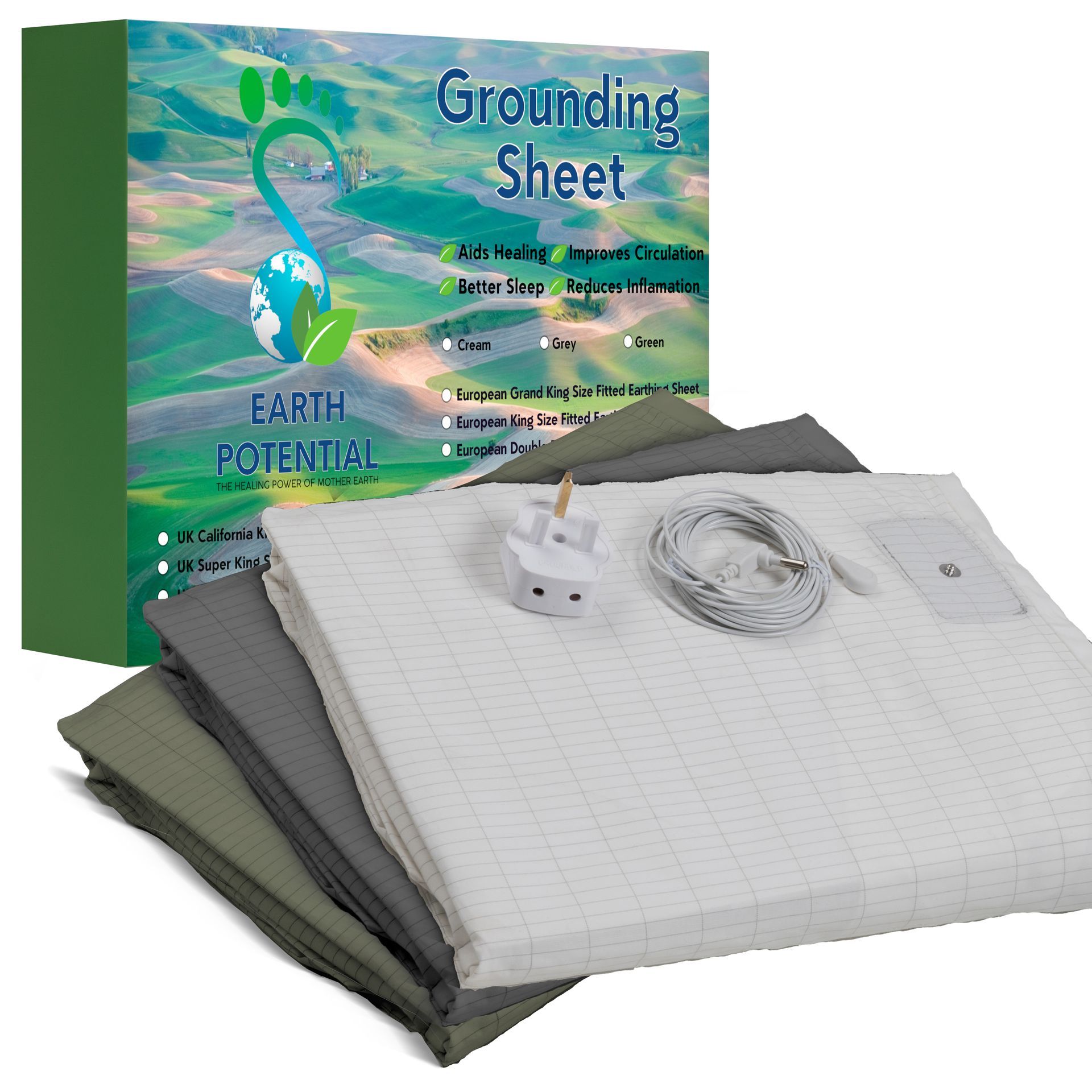 Available from Amazon UK - Links Below UK Grounding Sheets in White, Grey and Green by Earth Potential