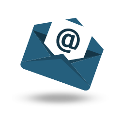 Um envelope azul com uma arroba está flutuando no ar.