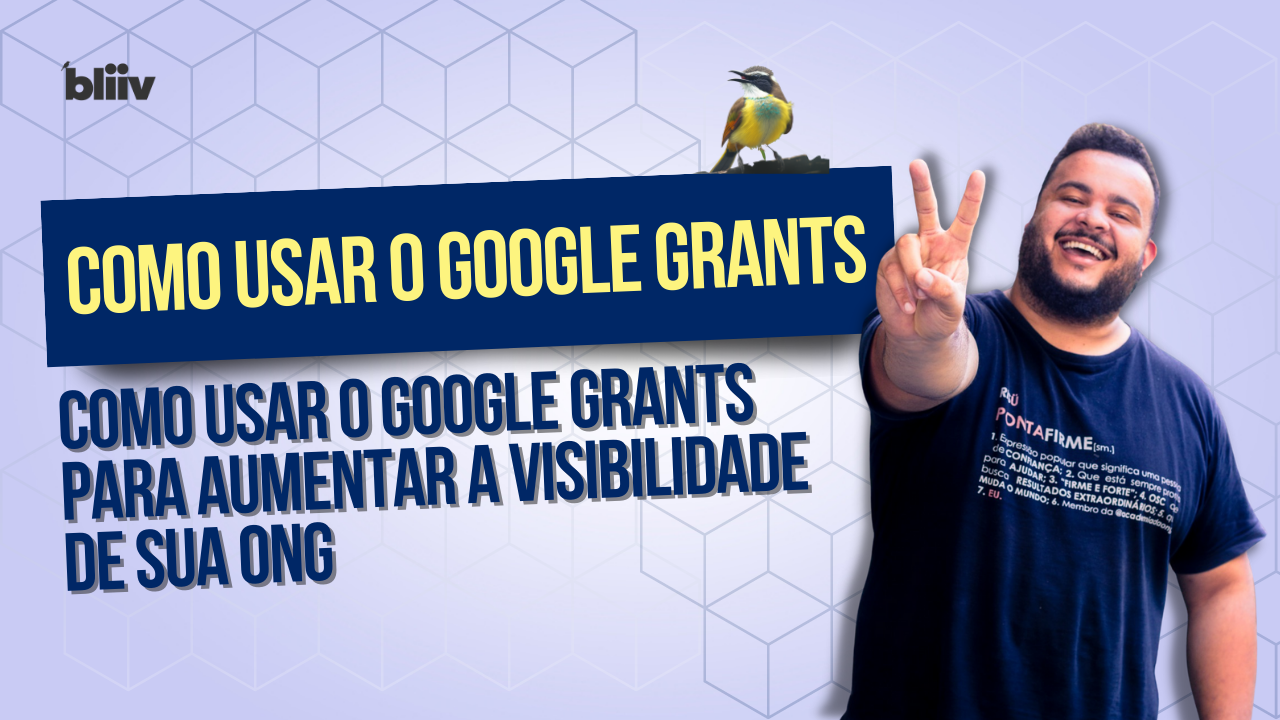 Um homem fazendo um sinal de paz em frente a um banner que diz como usar o google grants