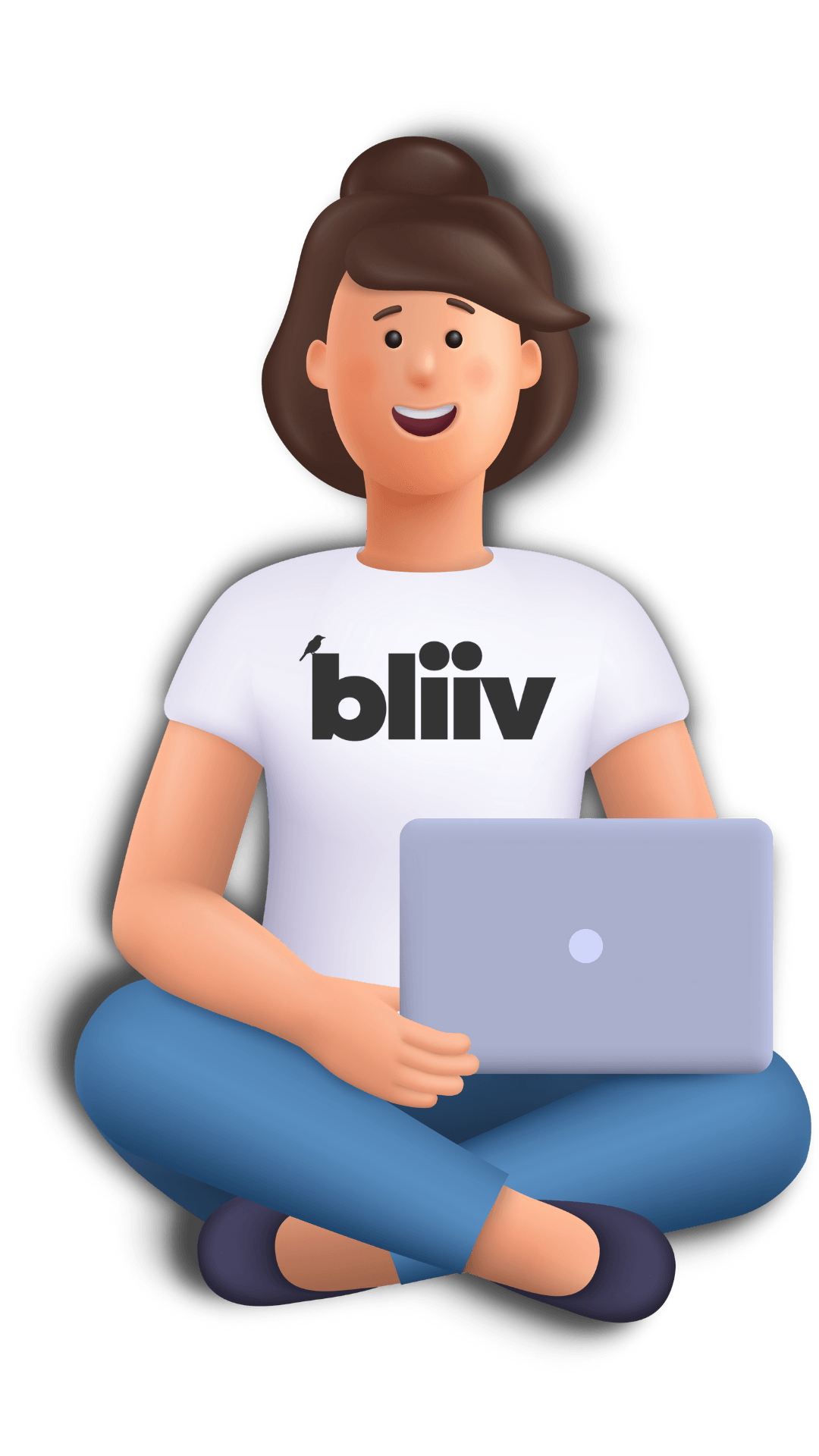 Uma mulher vestindo uma camisa bliiv está sentada no chão segurando um laptop