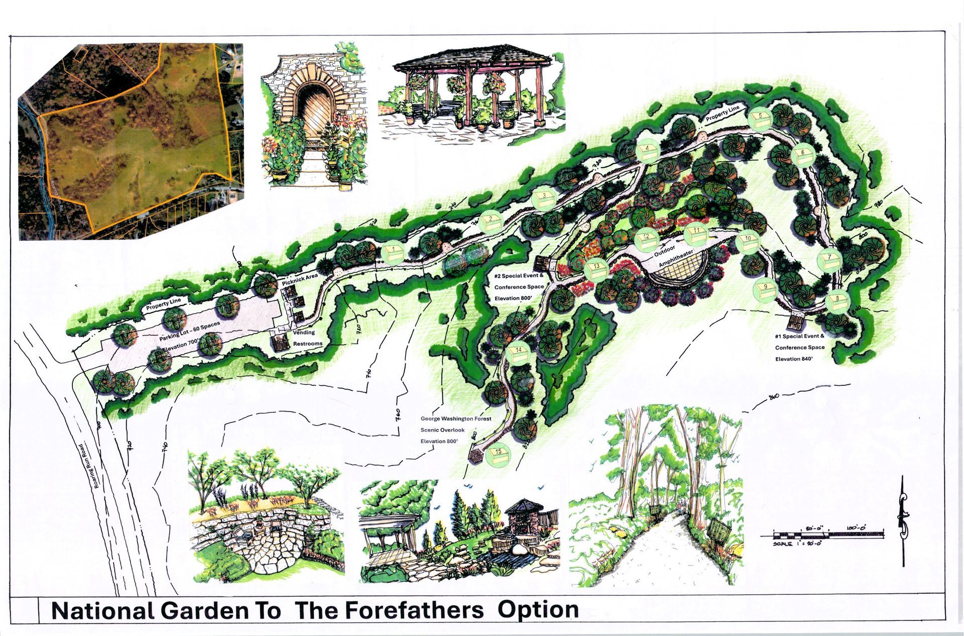 Original landscape garden plan with the entrance, winding path, fifteen stations, outdoor amphitheater and scenic overlook.