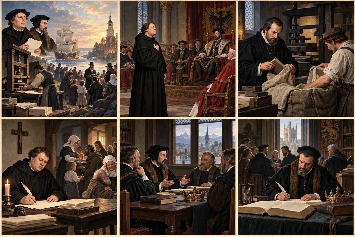 Reformation ideas travel through Scripture, printing, covenant, and conscience toward American liberty