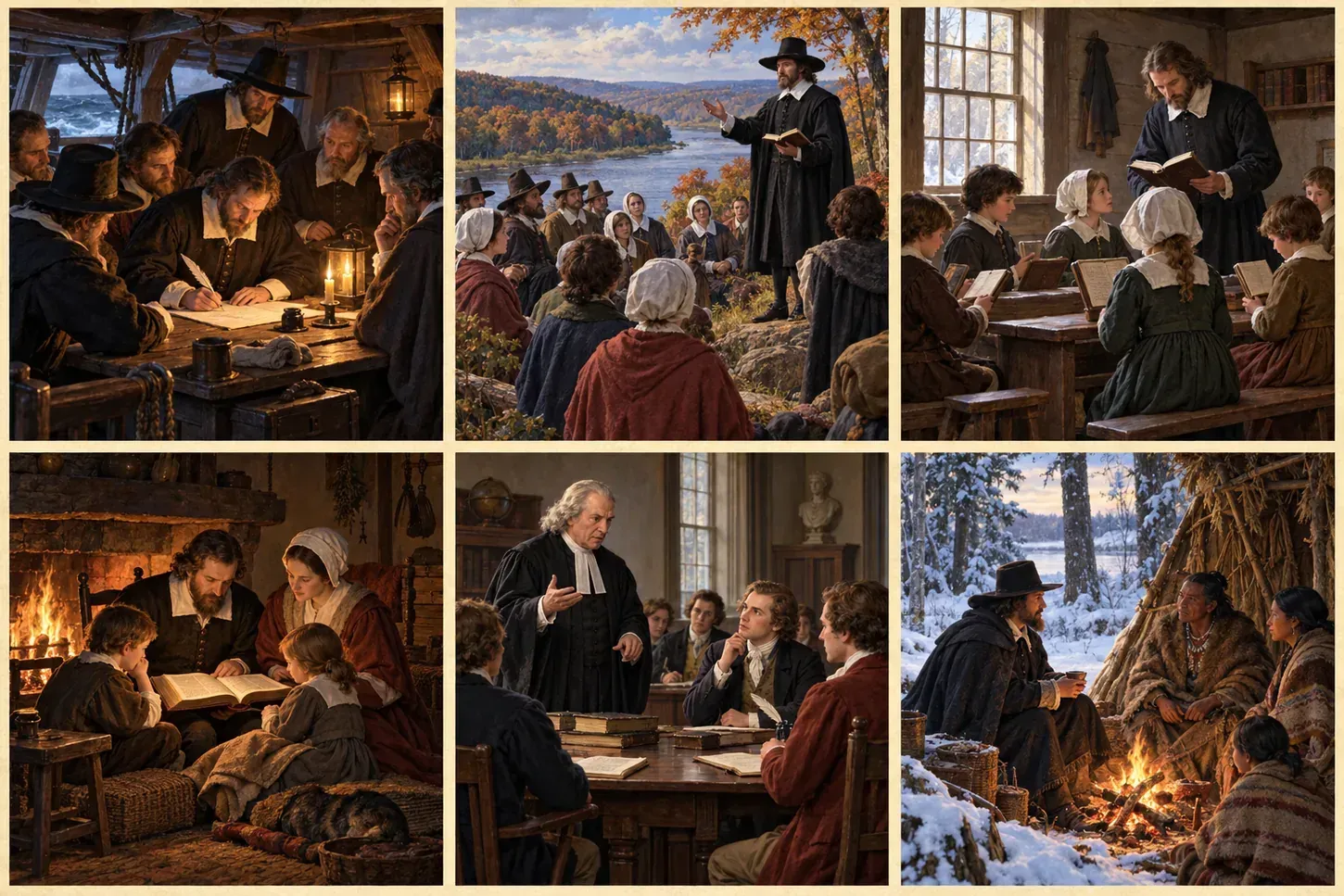 Mayflower passengers sign their civil covenant in the ship's crowded cabin