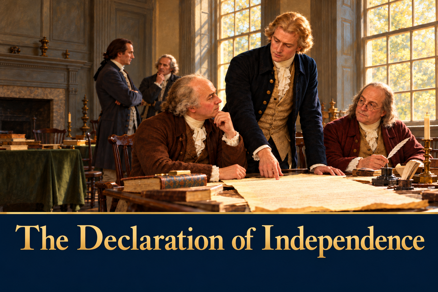 The Committee of Five considers the Declaration draft above an elevated navy band reading The Declaration of Independence in gold.