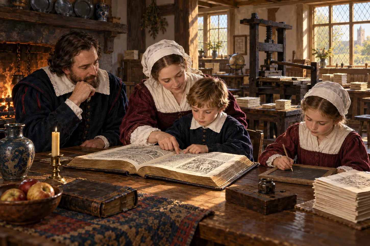 A family reads a vernacular Bible while a printer and schoolchildren spread learning
