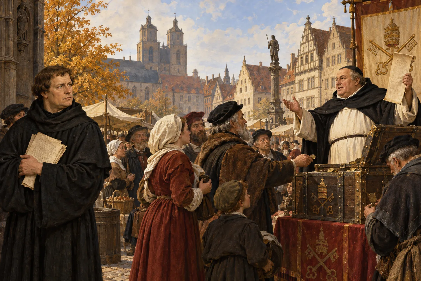 Martin Luther watches Johann Tetzel sell indulgences beside a wooden chest in a crowded German marketplace