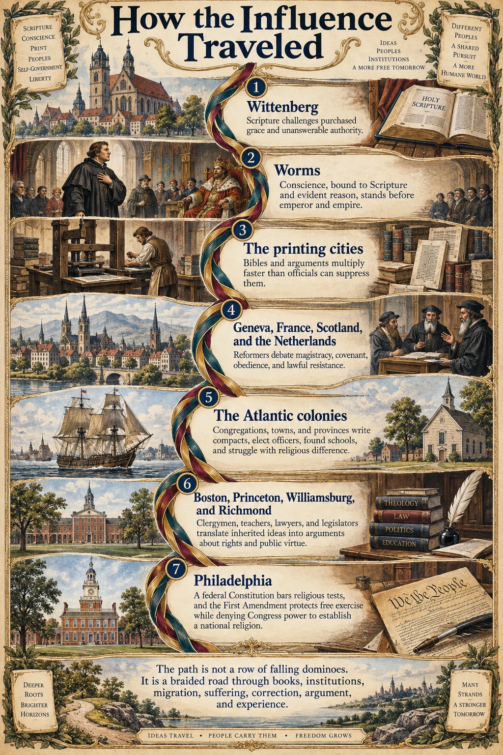 Illustrated route showing how ideas traveled from Wittenberg and Worms through printing cities, Reformed Europe, Atlantic colonies, and Philadelphia