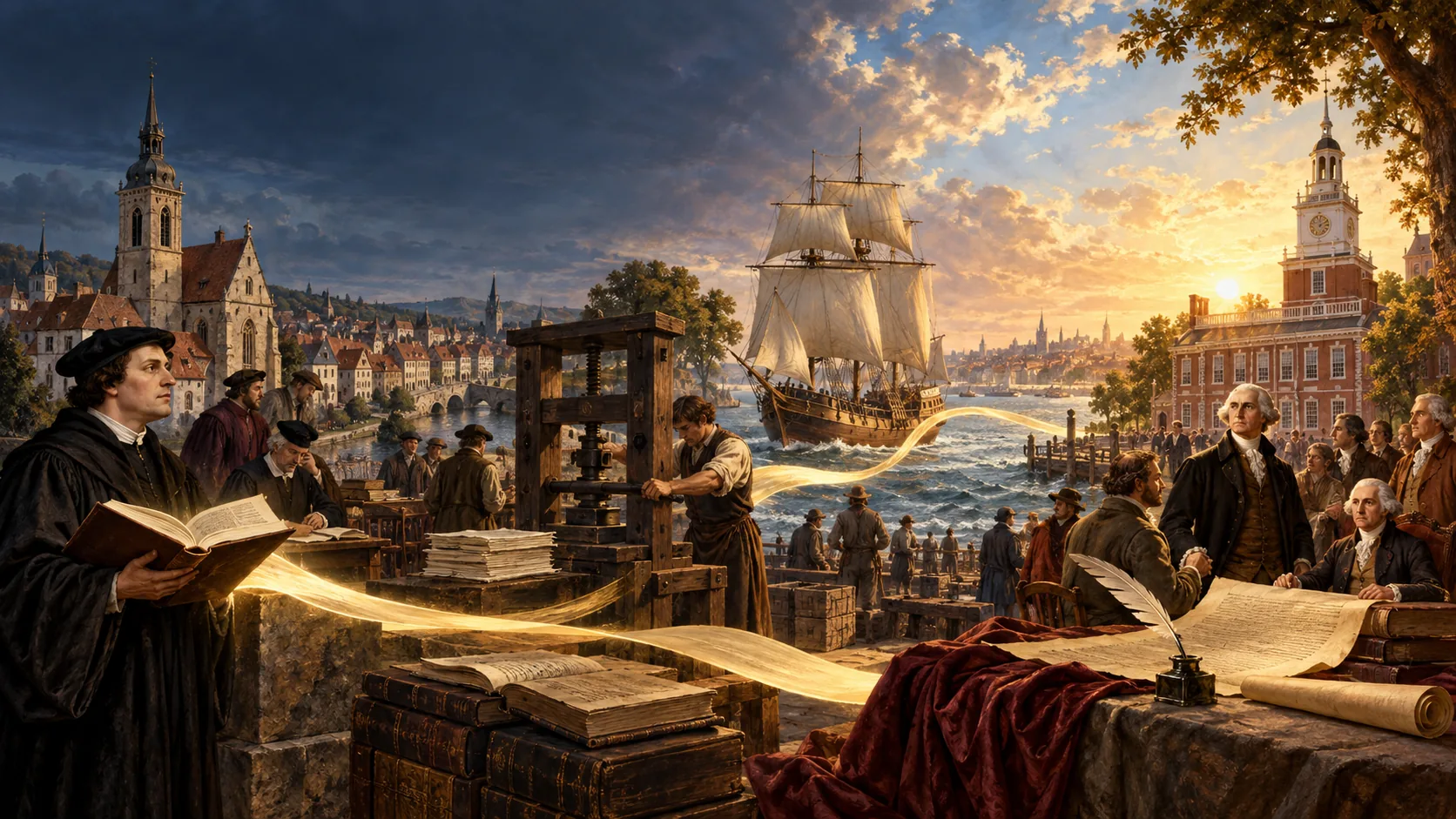 A period-style panorama linking Martin Luther in Wittenberg, a printing press, an Atlantic crossing, and the founding generation in Philadelphia