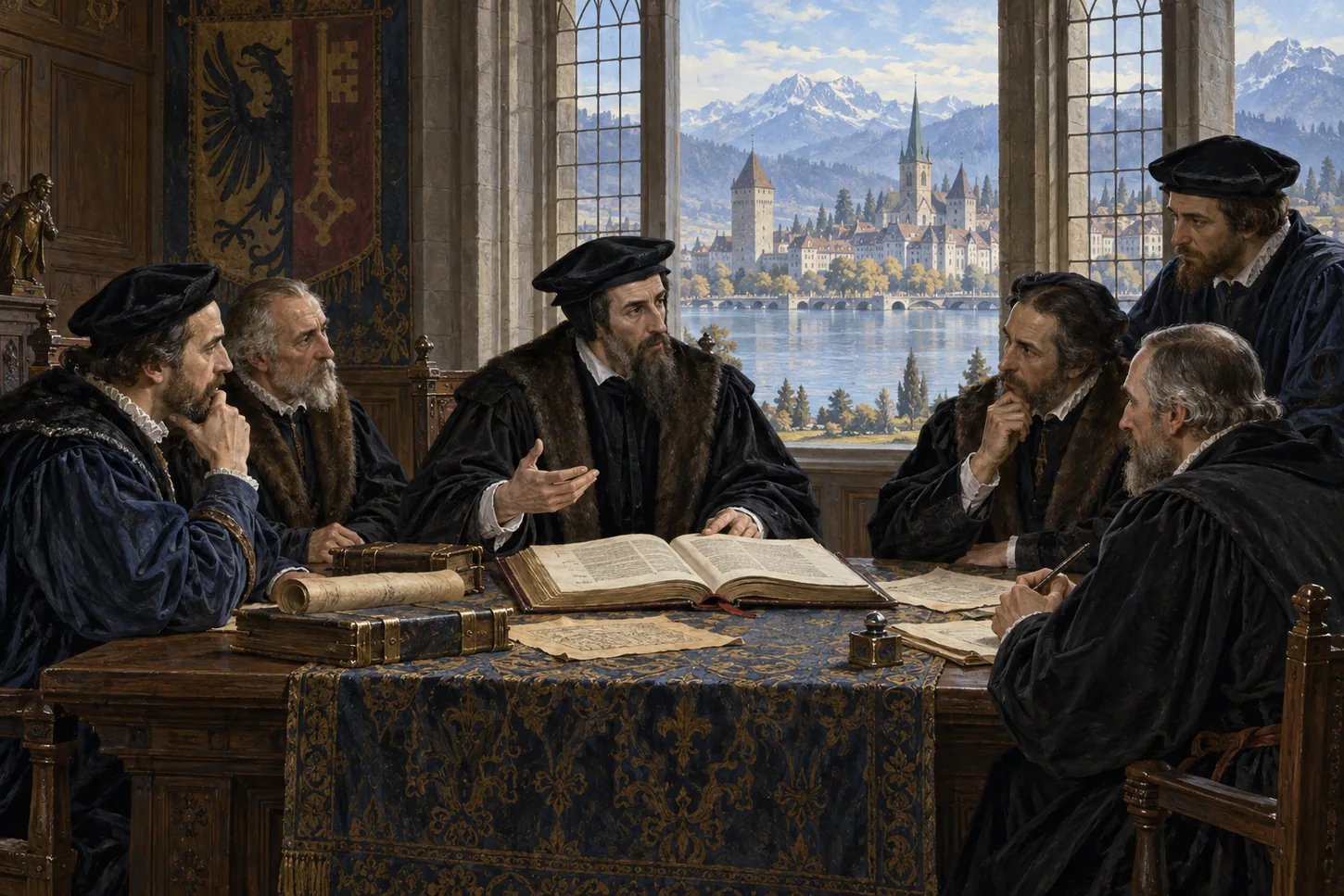 John Calvin speaks with magistrates gathered around a council table in Geneva