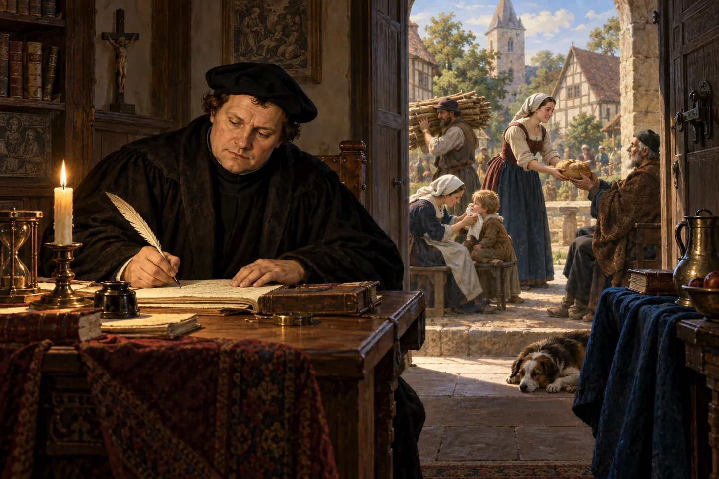 Martin Luther writes by candlelight while neighbors serve the hungry, the young, and the elderly