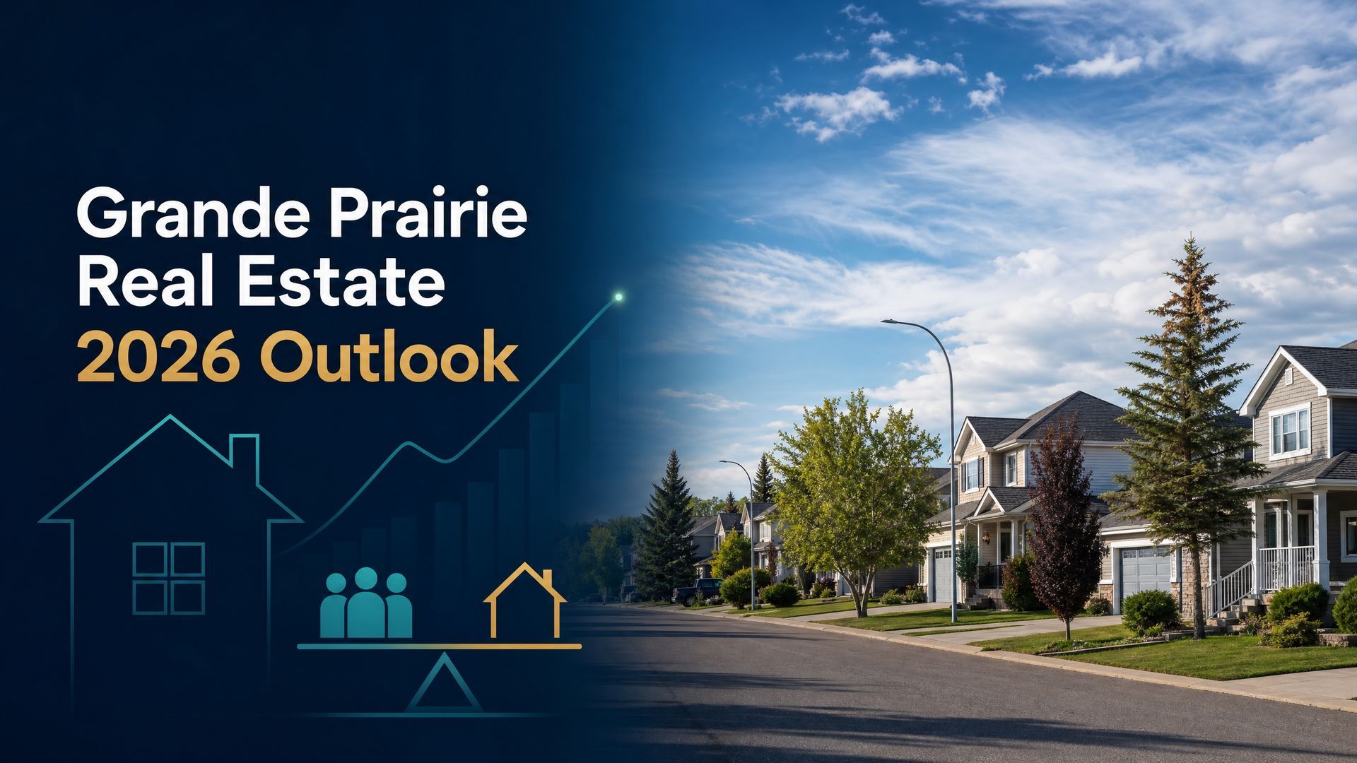 Grande Prairie Real Estate 2026 Outlook over a suburban street and houses at sunset