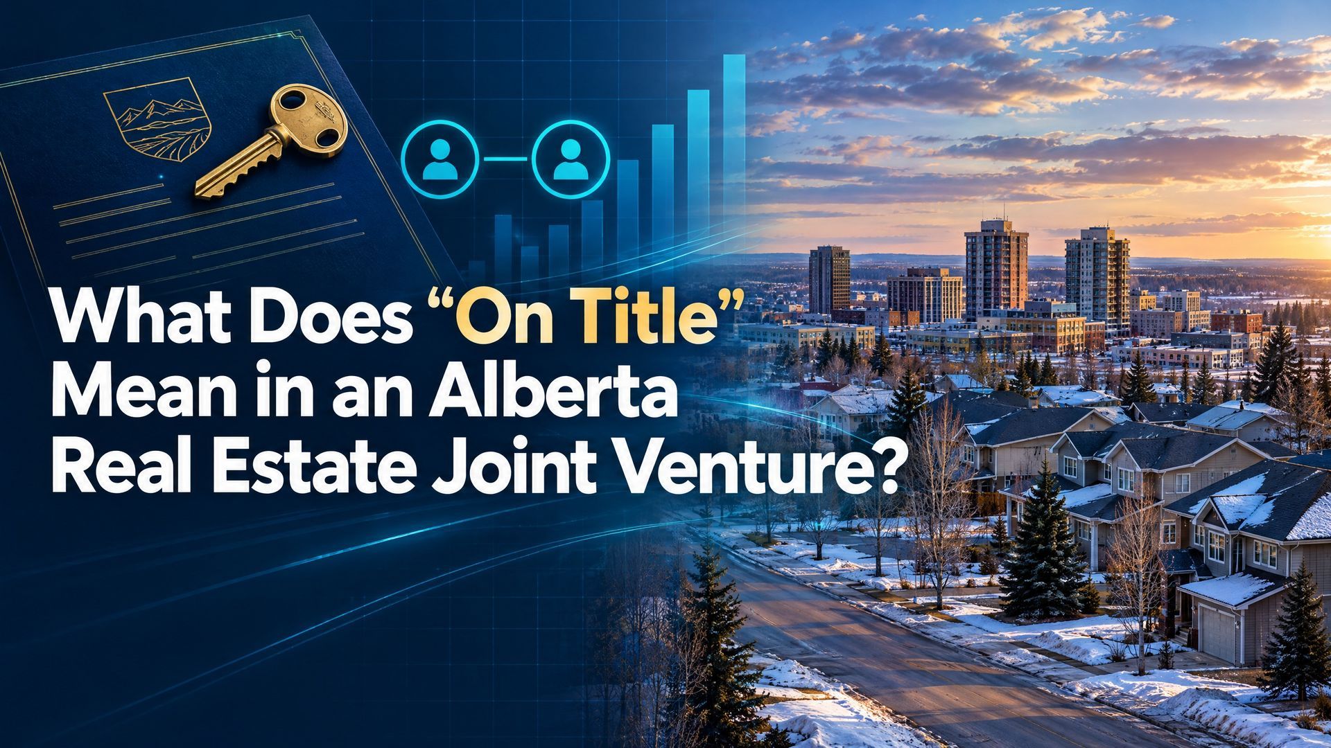Title graphic asking what “On Title” means in an Alberta real estate joint venture, over a snowy city skyline at dusk
