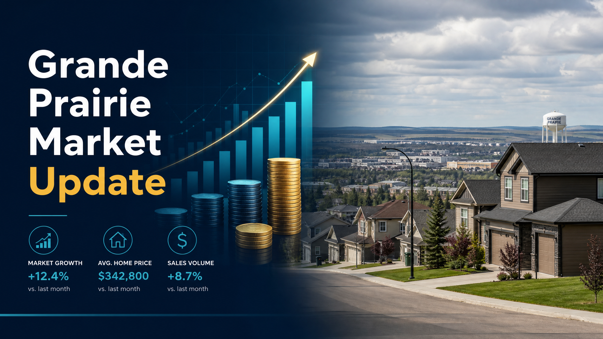 Grande Prairie market update graphic with rising blue chart and city neighborhood background