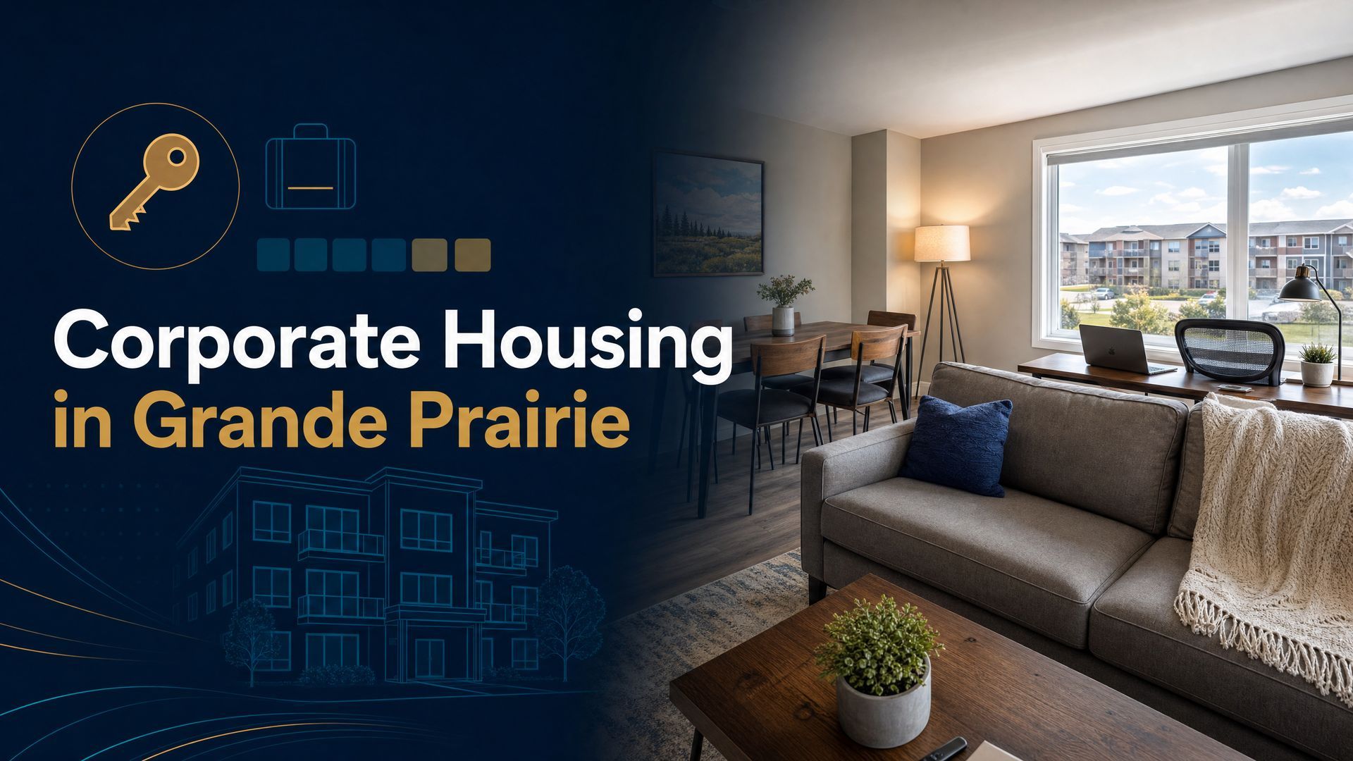 Corporate housing apartment interior with sofa, lamp, and city view in Grande Prairie