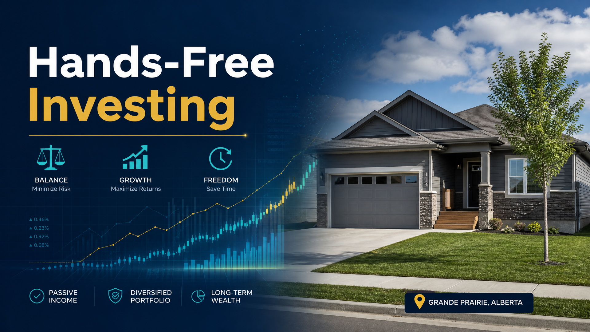 Hands-Free Investing ad with blue stock chart, modern house, and a glowing upward graph line