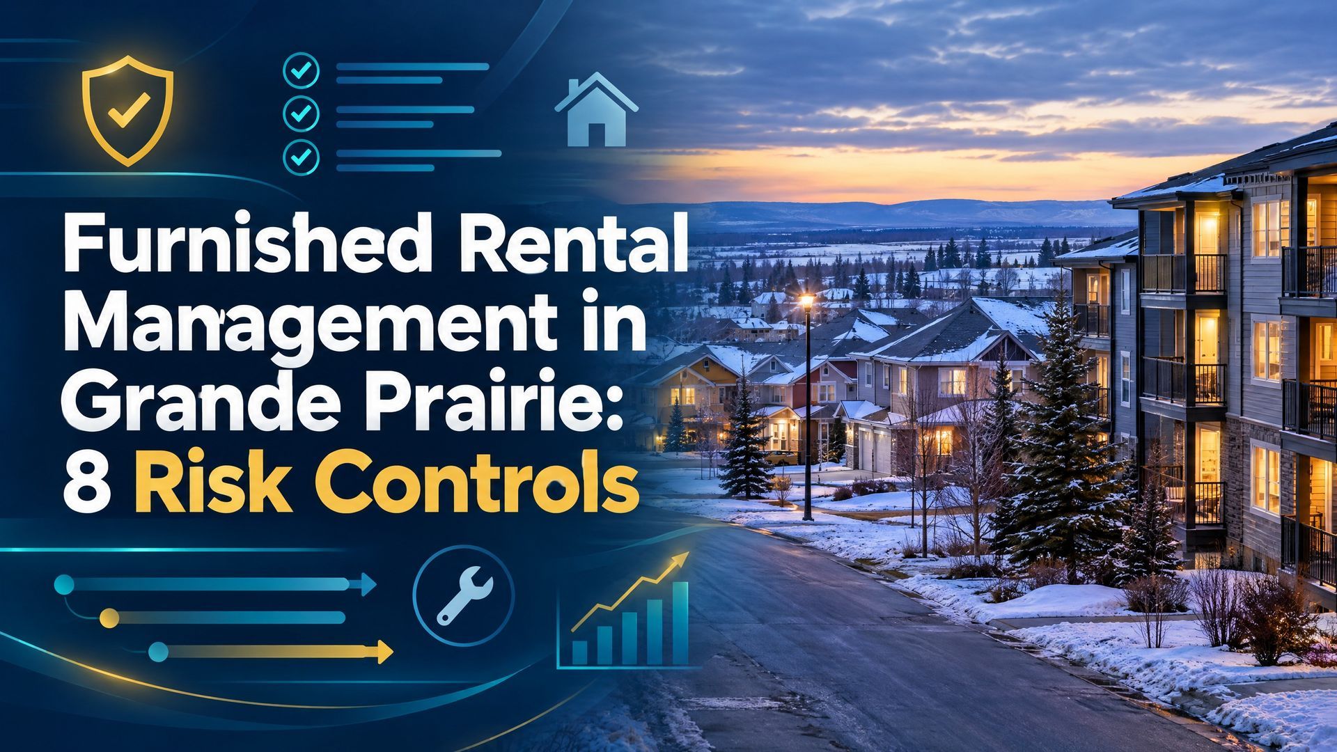 Furnished rental management in Grande Prairie with “8 Risk Controls” text over a snowy cityscape at dusk