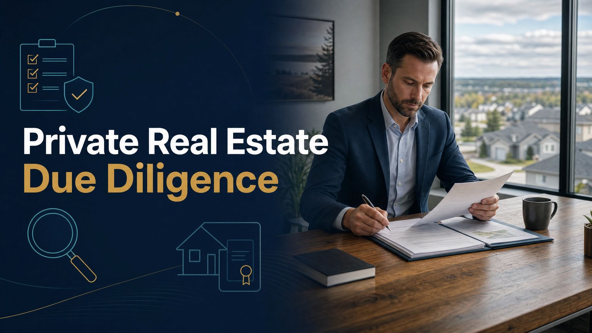 Private real estate due diligence banner with a man reviewing documents at a desk by a city window