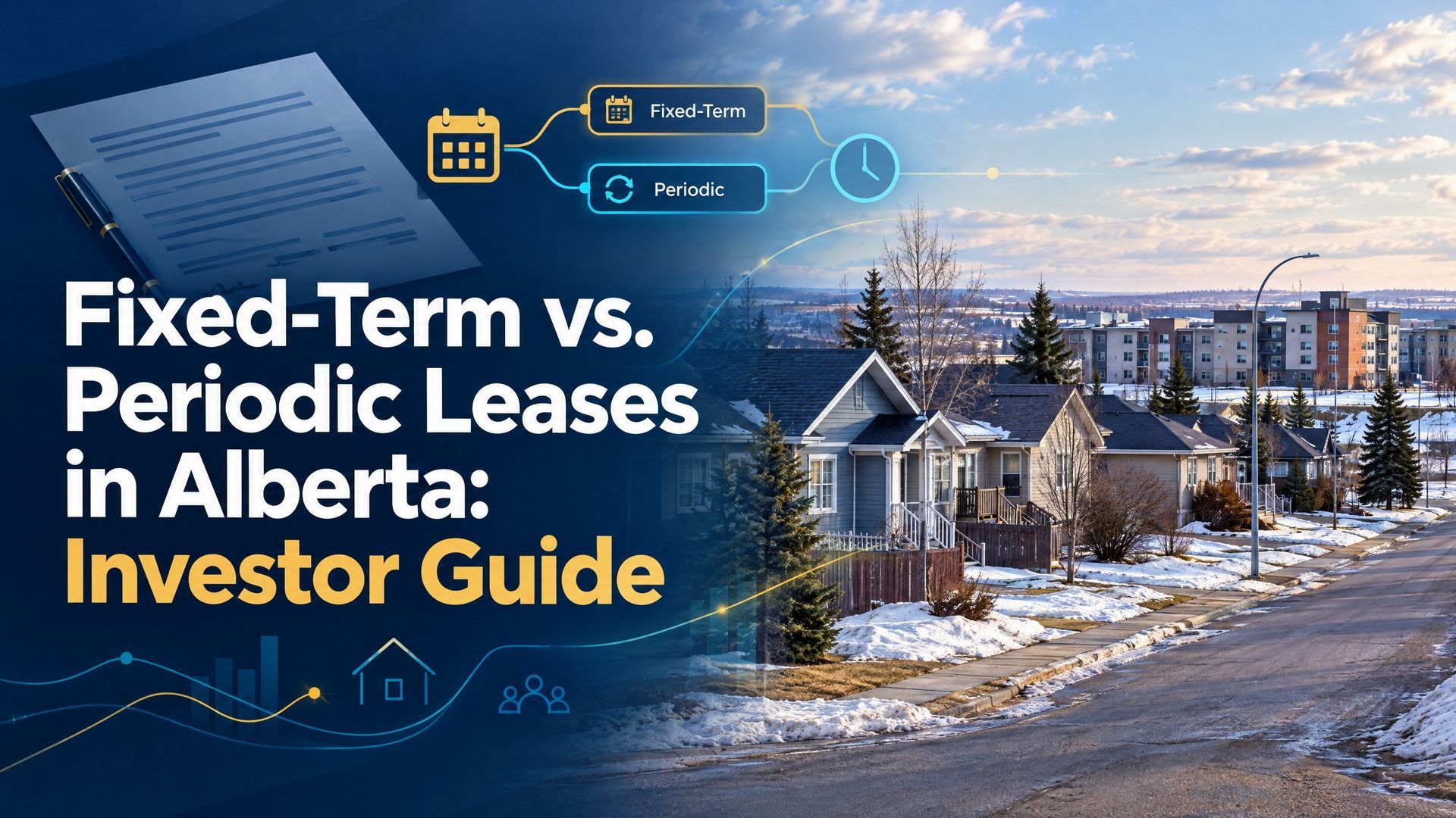 Fixed-term vs. periodic leases in Alberta investor guide over snowy neighborhood street