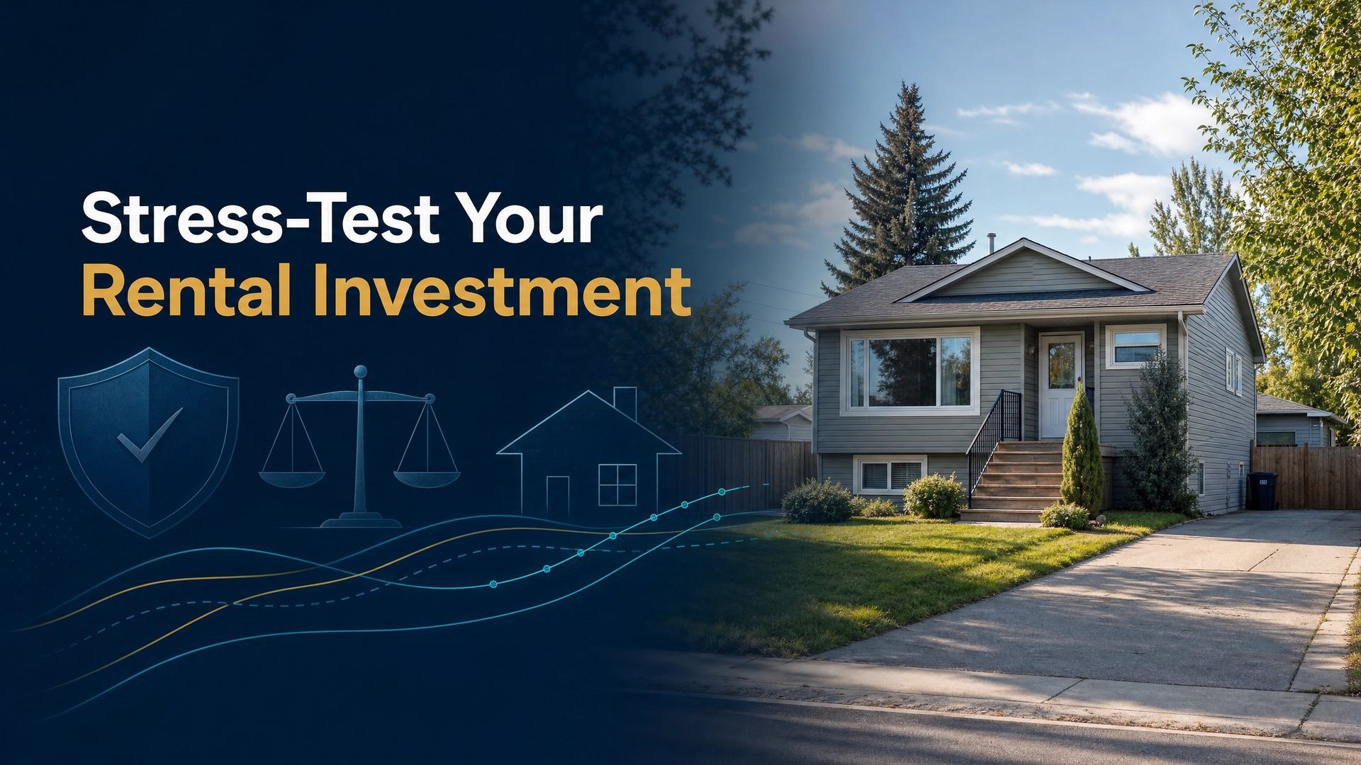 Stress-test your rental investment text beside a house at dusk