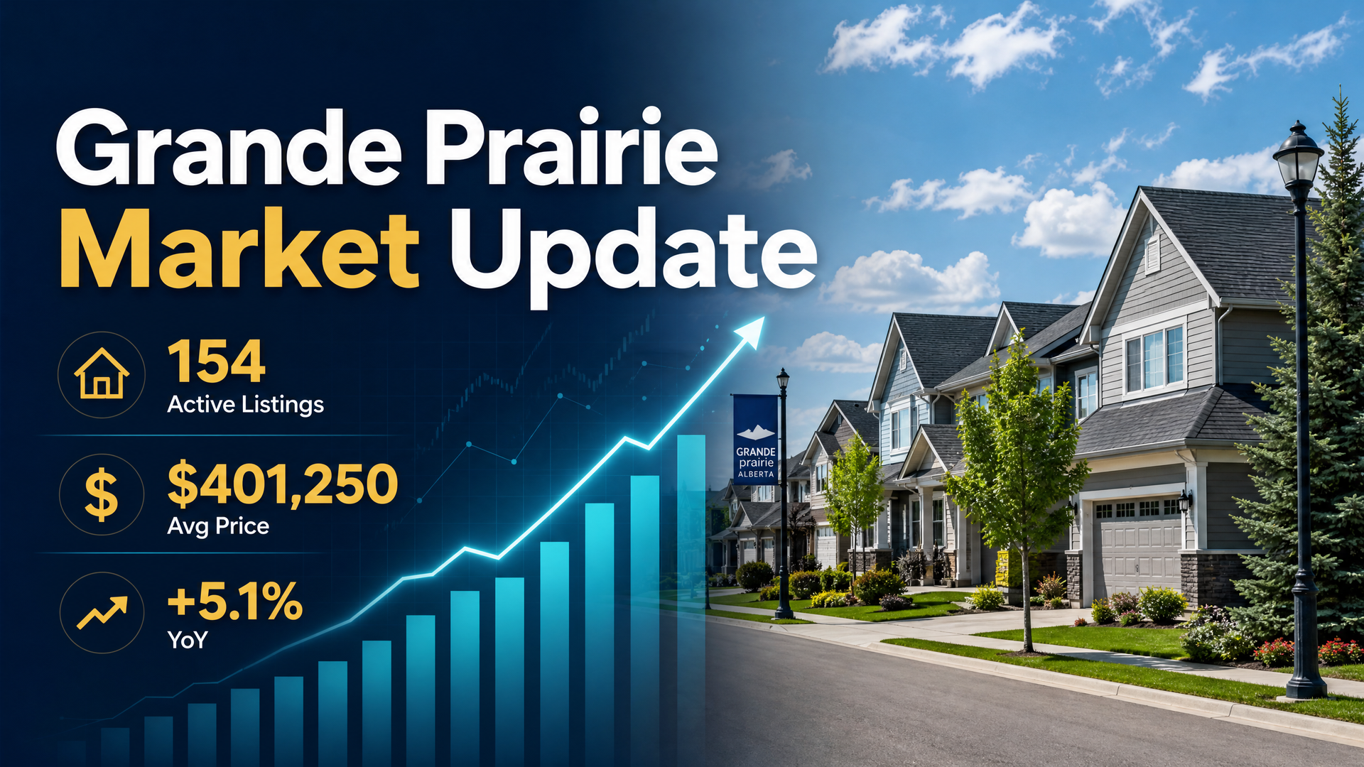 Grande Prairie market update graphic with rising blue chart and suburban homes, showing 154 listings, $401,250, up 5.1%