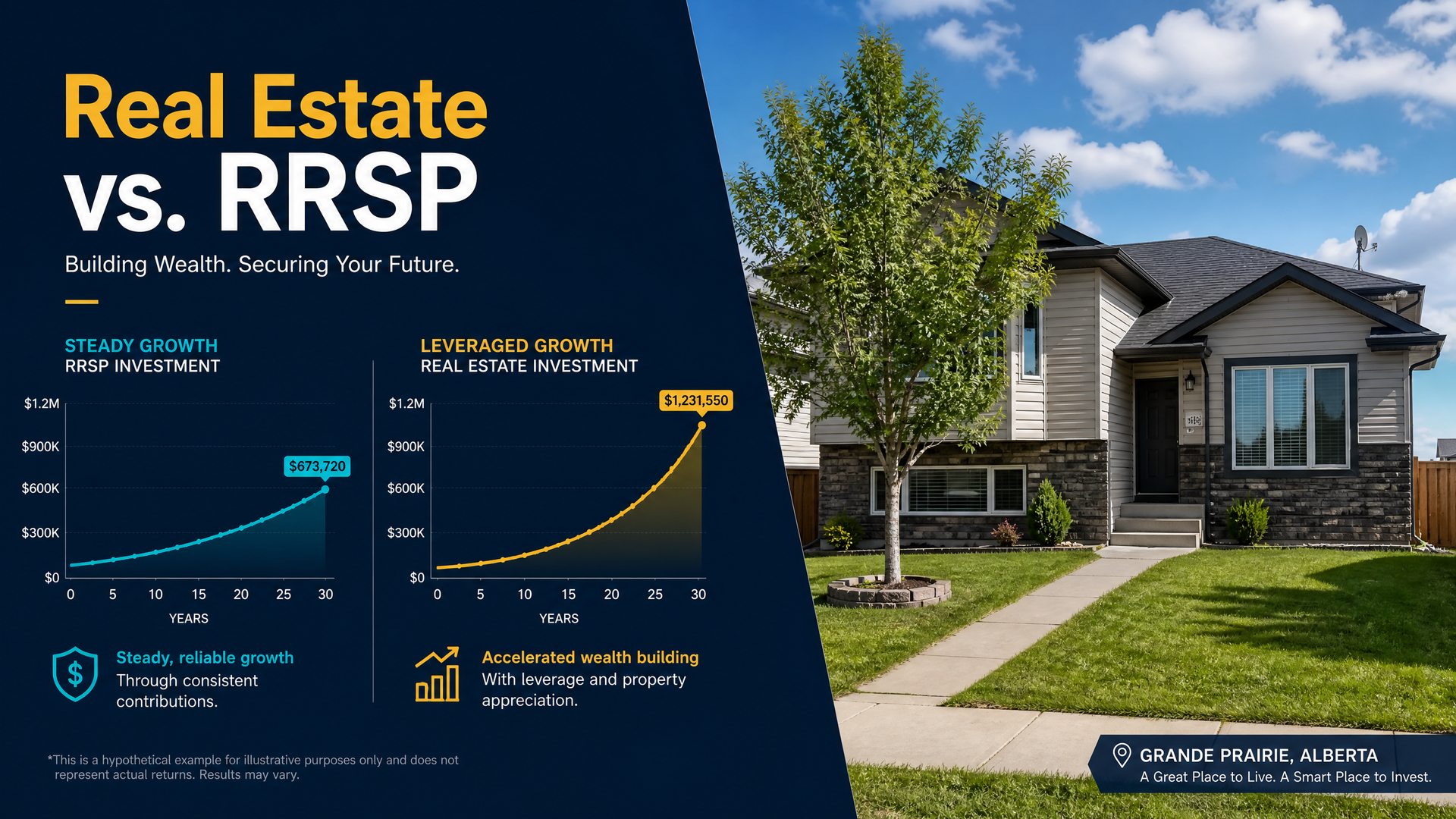 Infographic comparing real estate and RRSP growth beside a suburban house photo