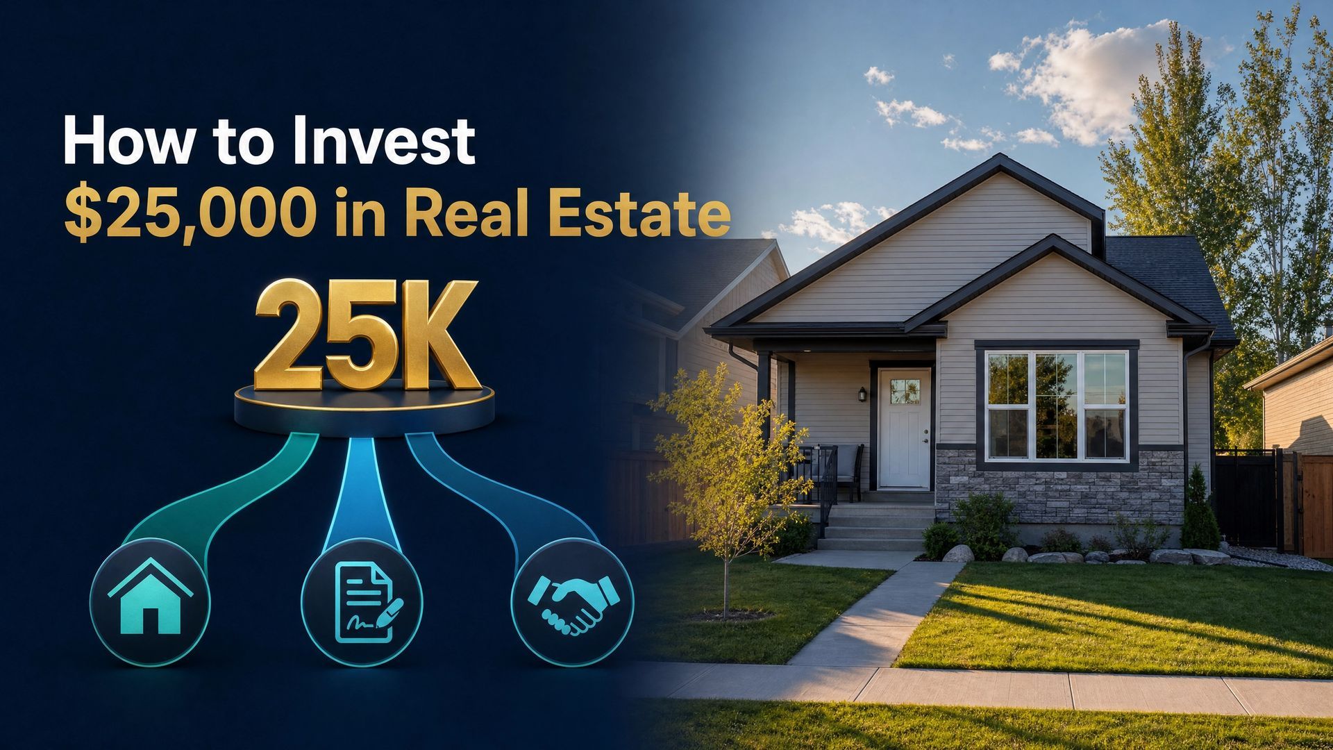 How to Invest $25,000 in Real Estate, with house exterior and “25K” icons on dark blue background