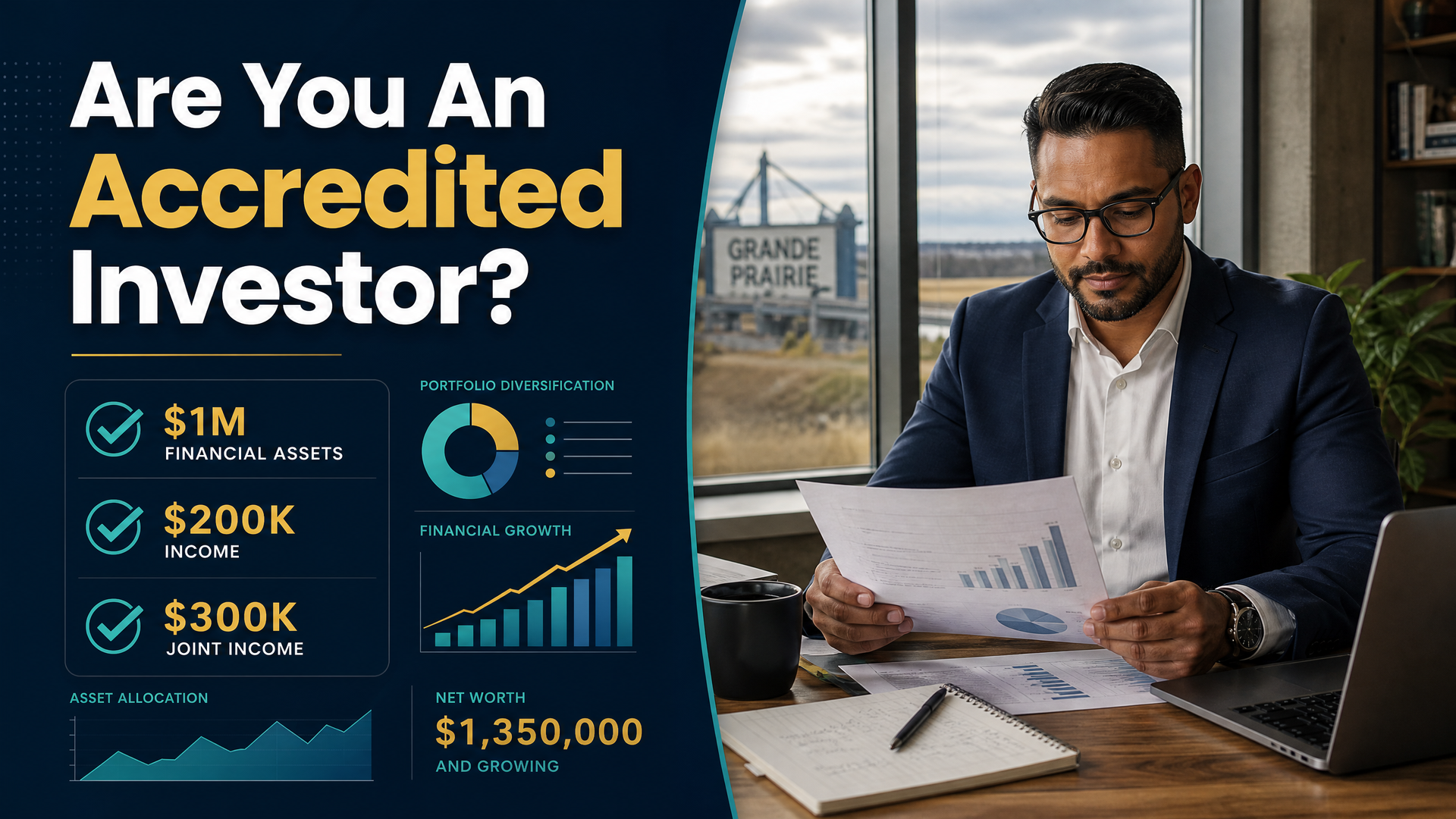 Are You an Accredited Investor? Finance graphic with man reviewing papers beside growth charts and dollar figures