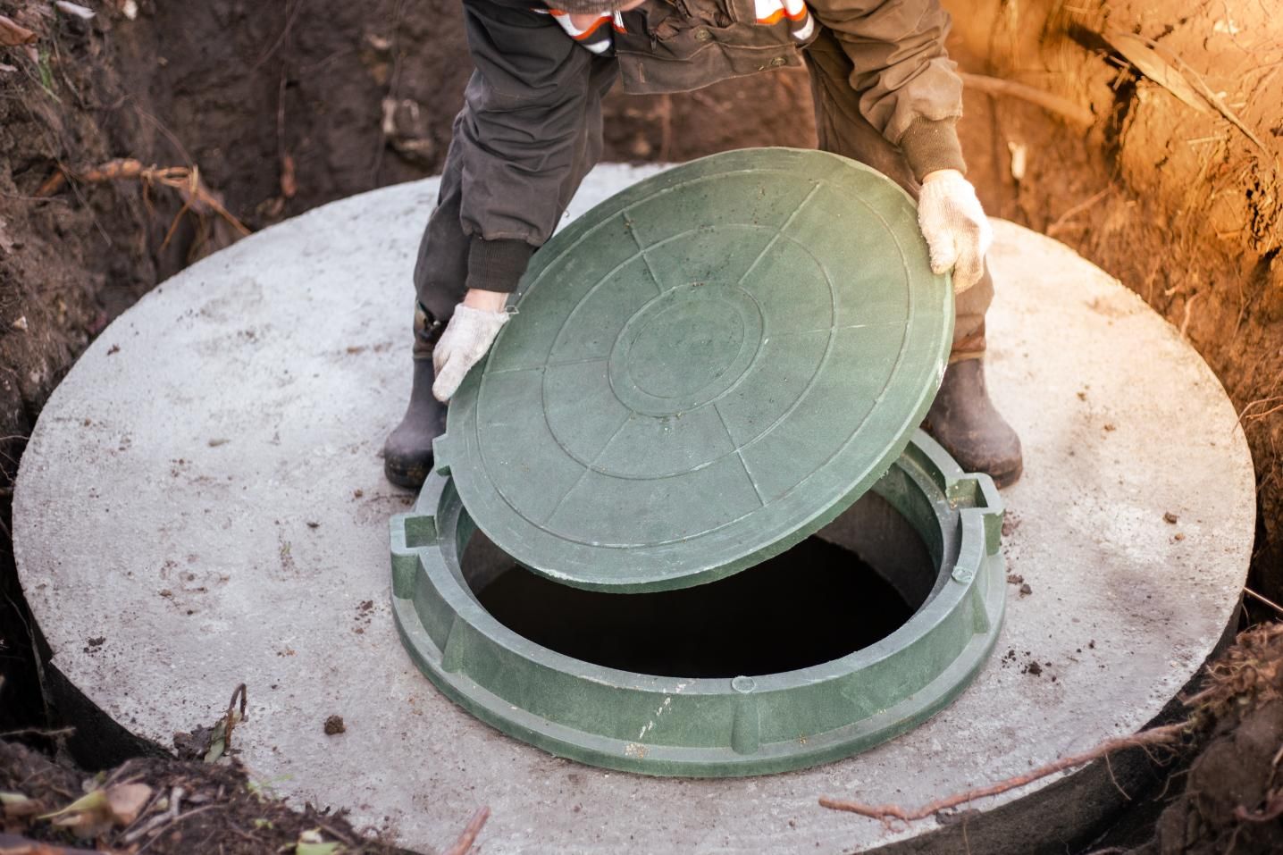Person opening a green manhole cover on a concrete ring outdoors