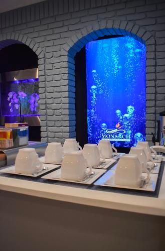 White ceramic coffee cups on saucers arranged on a counter in front of blue illuminated aquarium wall displays.