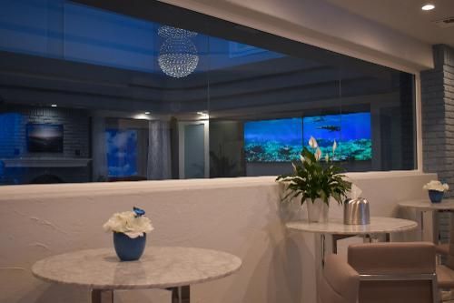 Modern interior lounge featuring a large aquarium viewing window, circular tables with floral arrangements, and dim lighting.