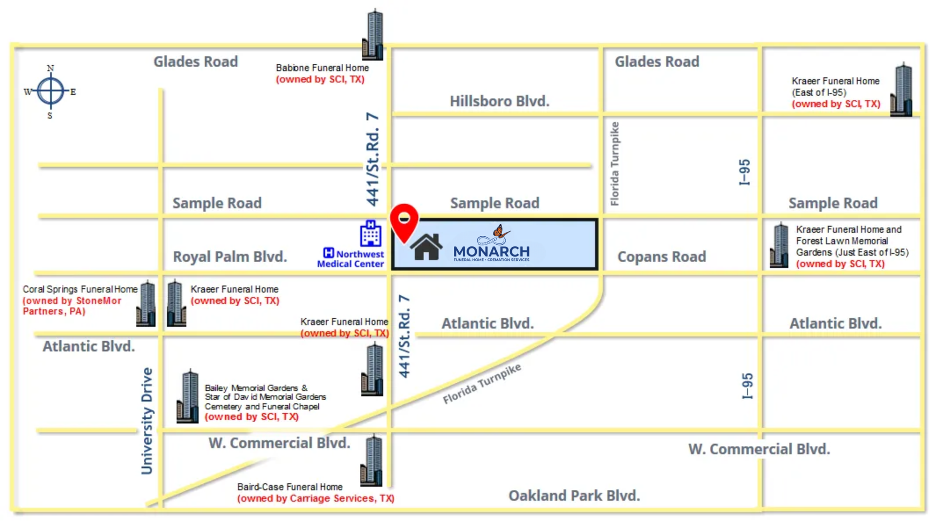 A map highlighting a location on the corner of two streets, with surrounding landmarks and street names labeled.