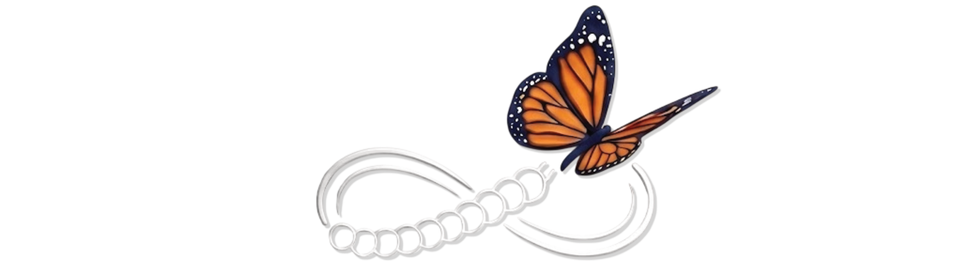 An orange monarch butterfly emerges from a grey caterpillar forming an infinity symbol.
