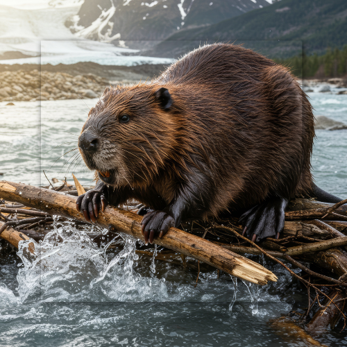 Beaver on a log dam, brown fur, water splashing. Mountains and glacier in background.