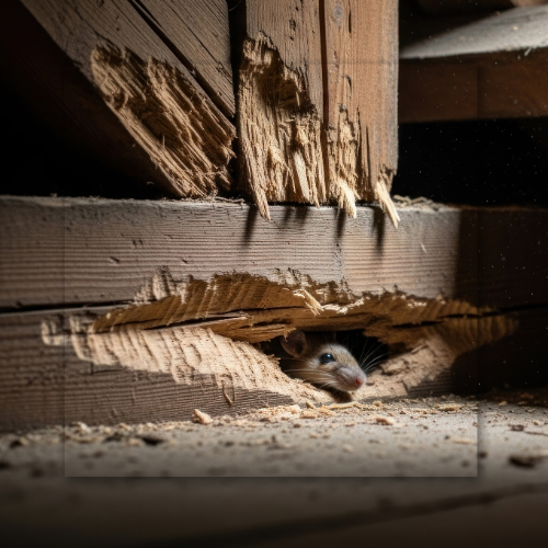 A mouse peeks out from a hole chewed in a wooden beam in a dusty, dimly lit attic.