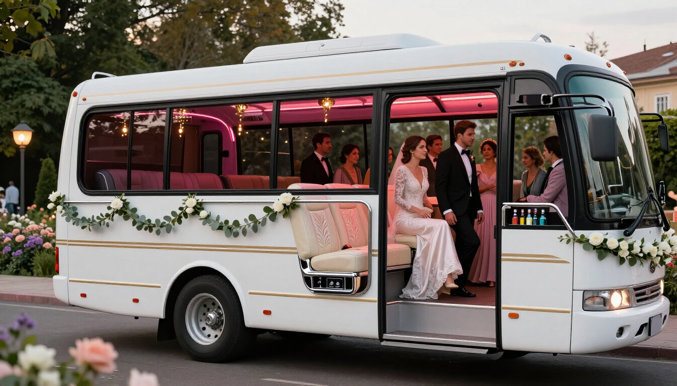 White party bus decorated with greenery, passengers inside, and a pink-lit interior at dusk.
