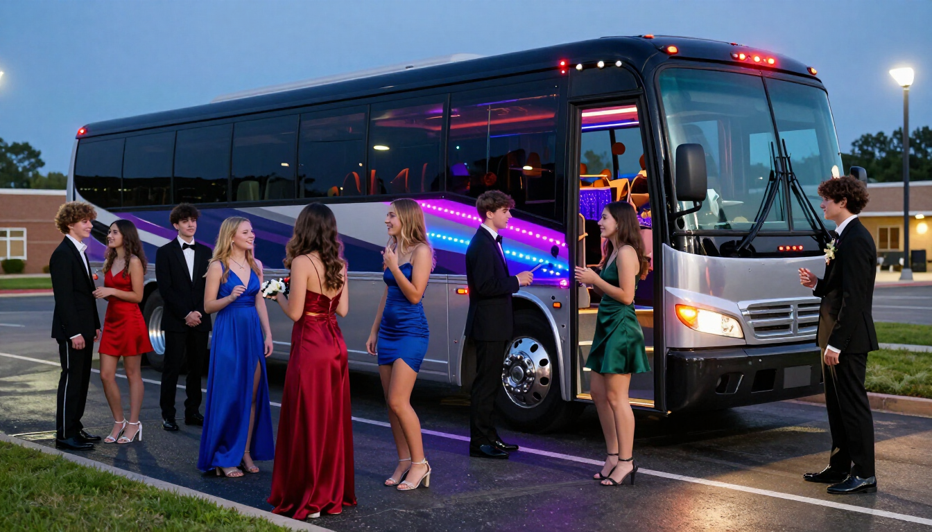 People dressed formally boarding a lit black bus at dusk.