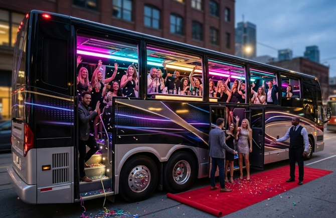 Party bus with neon lights and passengers on a red carpet outside a building at dusk