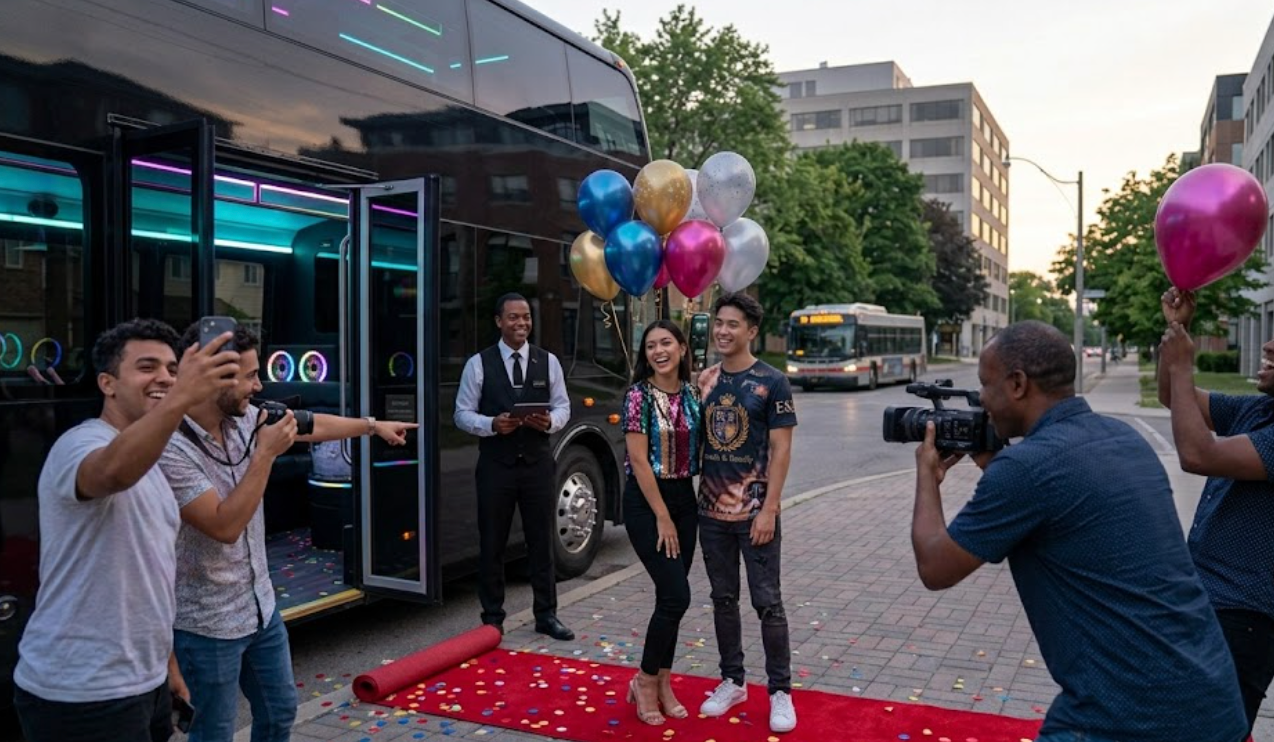 People posing on a red carpet beside a bus, with balloons and photographers at an outdoor event.
