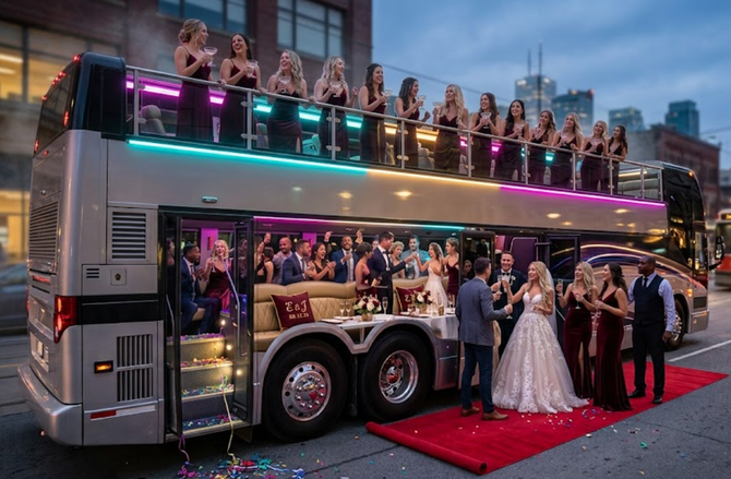 Wedding party beside a lit double-decker bus at dusk, with guests on the roof and a red carpet below