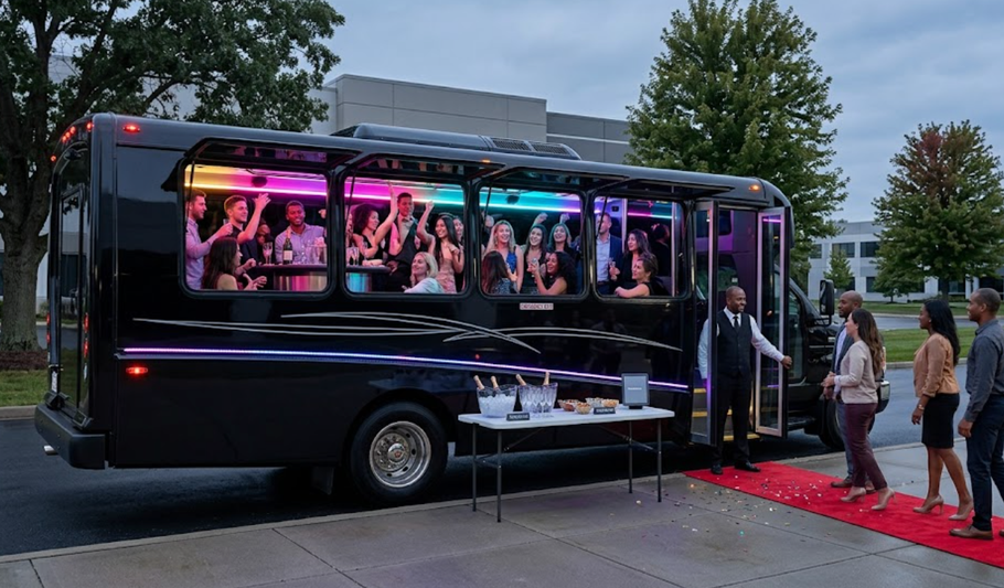 Black party bus with neon lights and guests inside parked by a red carpet at dusk