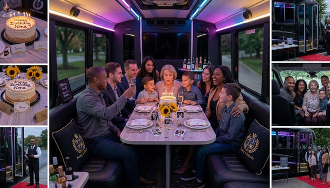 Friends dining together in a purple-lit party bus, sharing food and smiling at a table