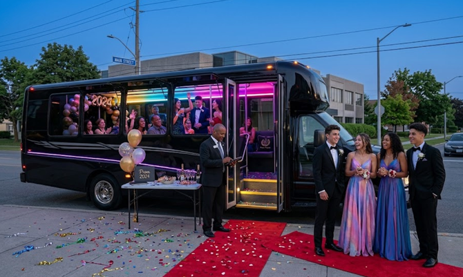 Decorated black party bus with red carpet and guests posing beside it at dusk