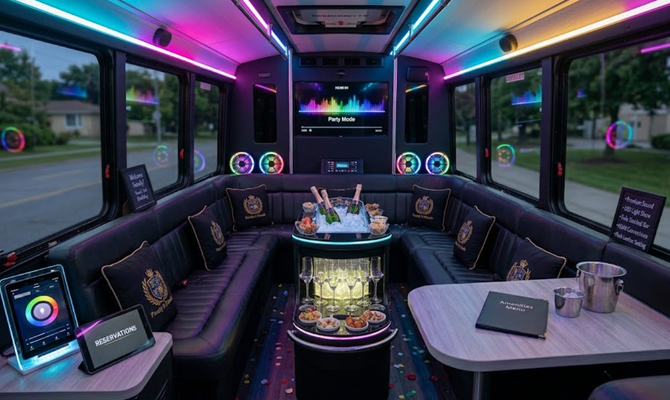 LED-lit luxury party bus interior with curved seating, a central table, and colorful ceiling lights.