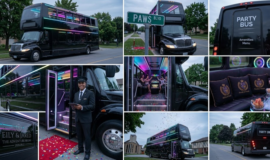 Black party bus with neon lights and open door, shown in several exterior and interior views