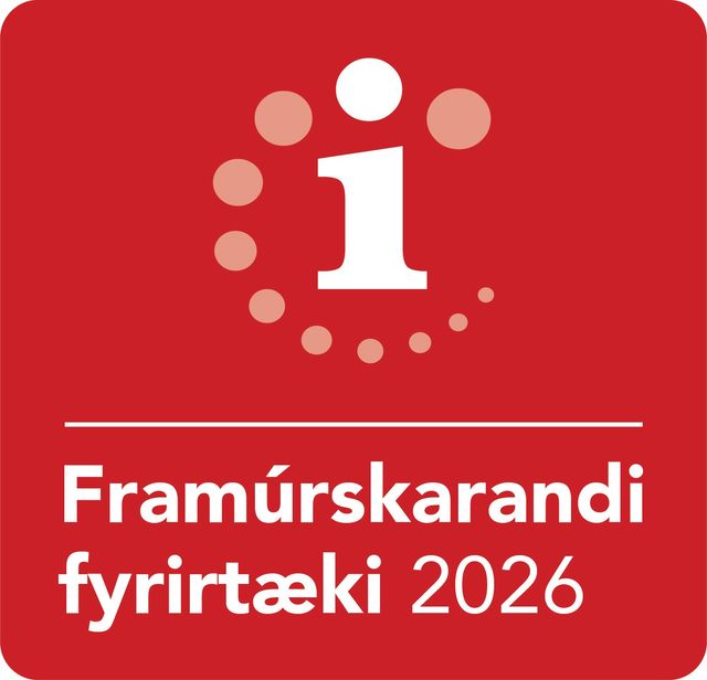 Rautt skilti með hvítum staf i og hringi í kringum það.