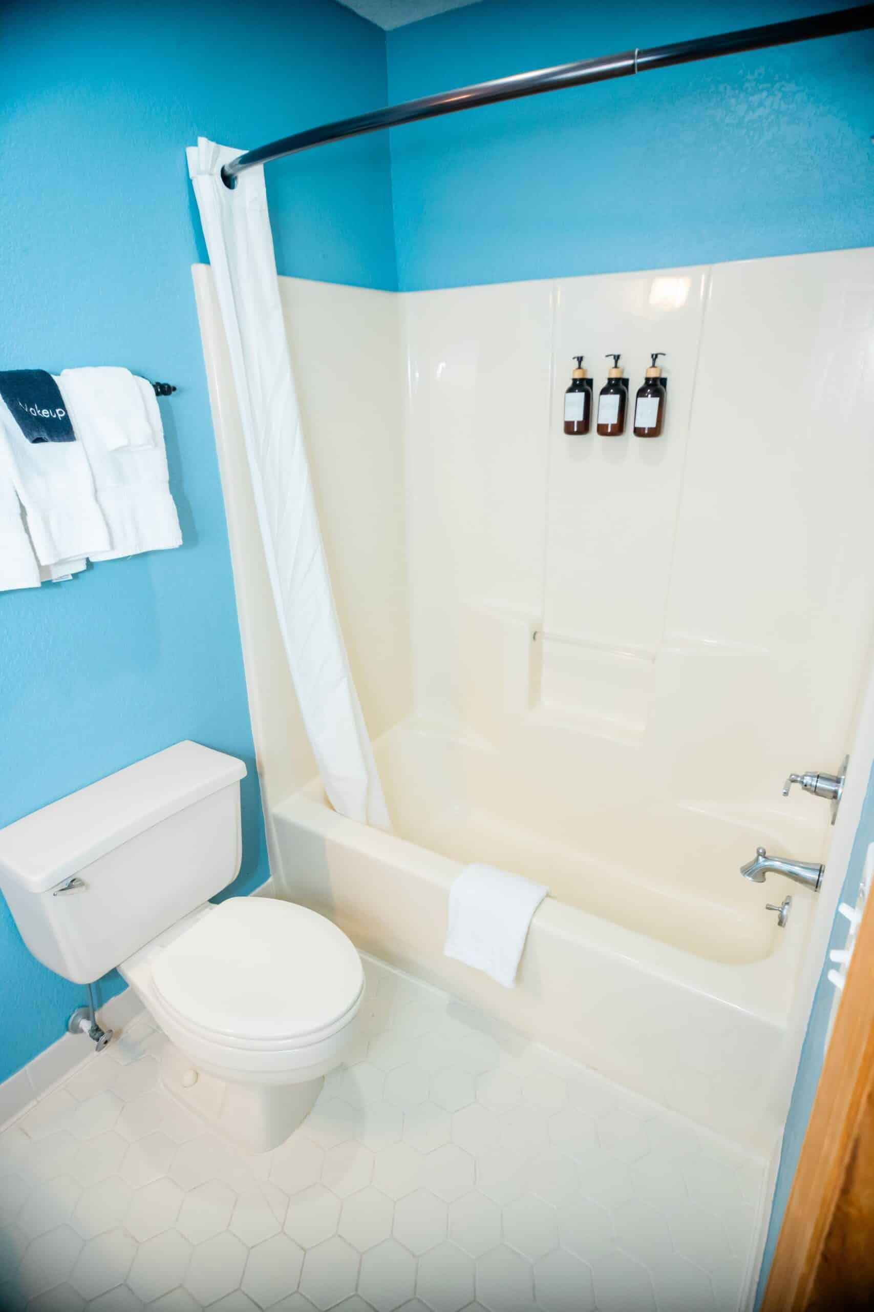 A bathroom with a toilet , bathtub and shower.